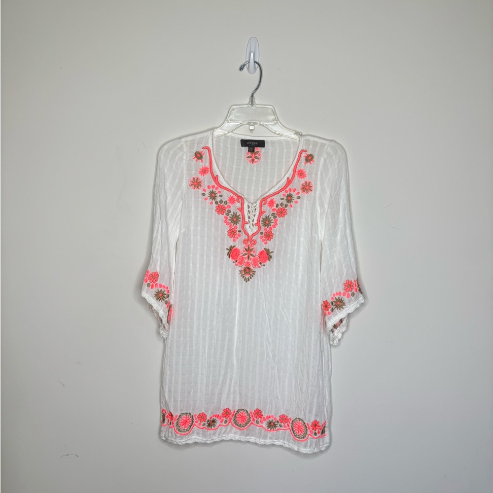 BN1 Umgee White Floral Embroidered Tunic Top Women Blouse Coastal Beach Small